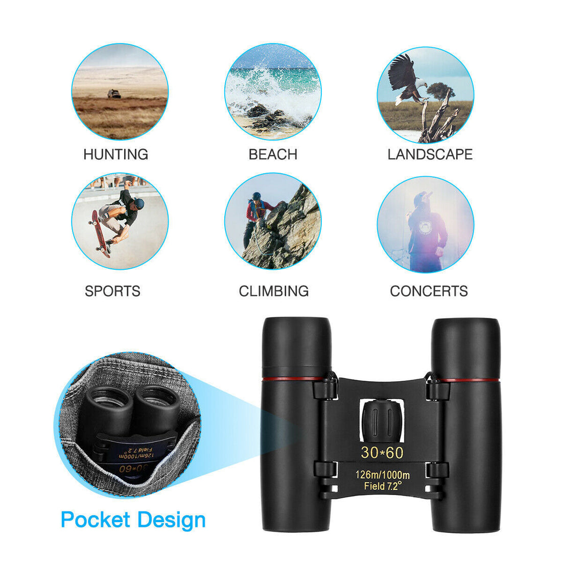 Binoculars 30x60 Zoom Travel Compact