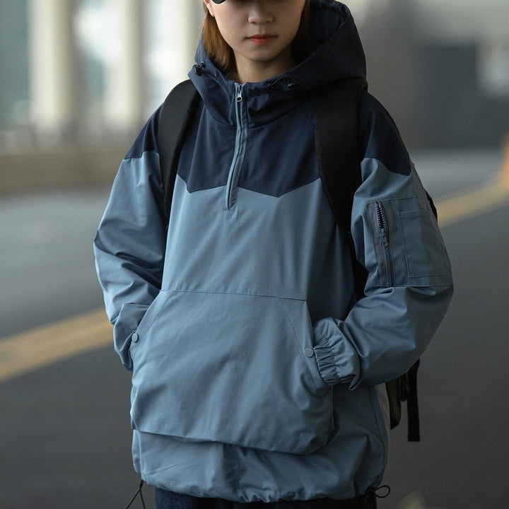 Color Matching Tooling Hooded Pullover Jacket For Men And Women