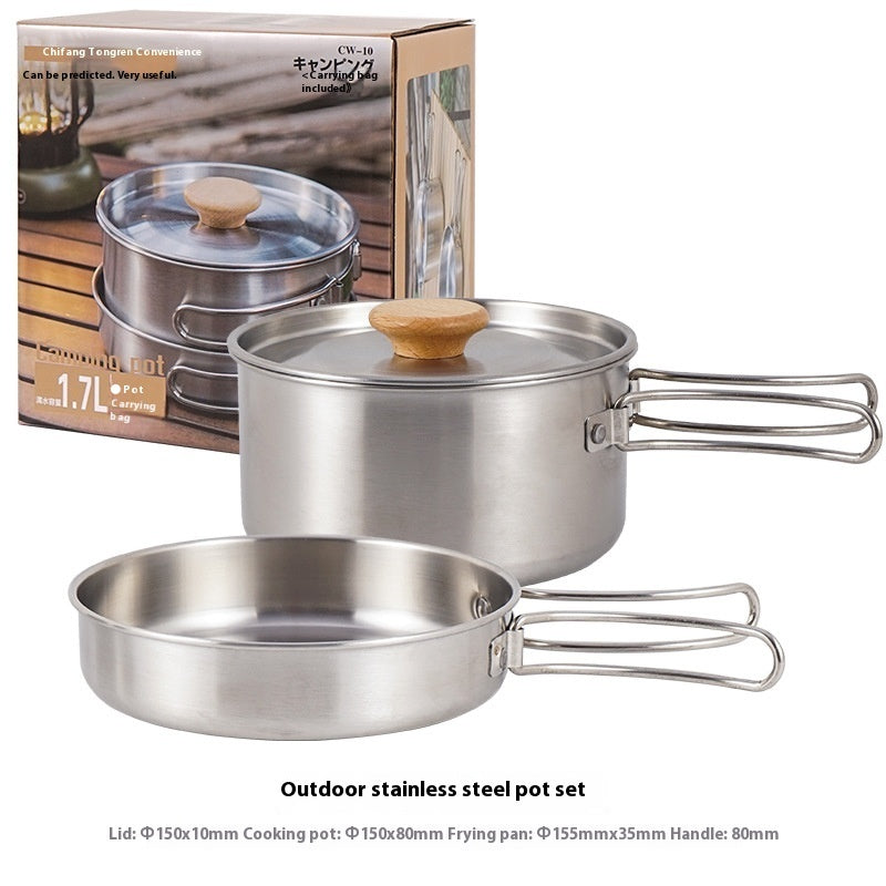 Outdoor Mountaineering 304 Stainless Steel Folding Handle Pot Camping Portable Frying Pan Soup Pot